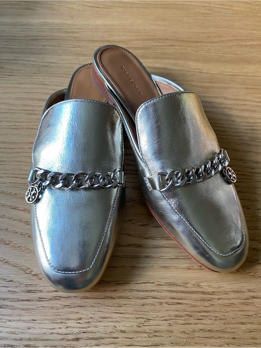 Tory Burch Metallic Silver Leather Chain Loafer Mules